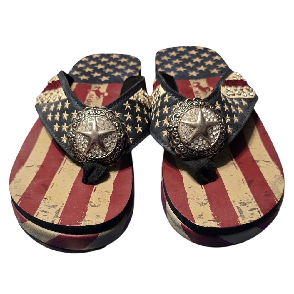 Montana West Blue and Red Star Rhinestone Embellished Sandals